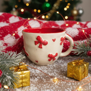 Red and white floral ceramic mug with matching bowl placed christmas gift setting