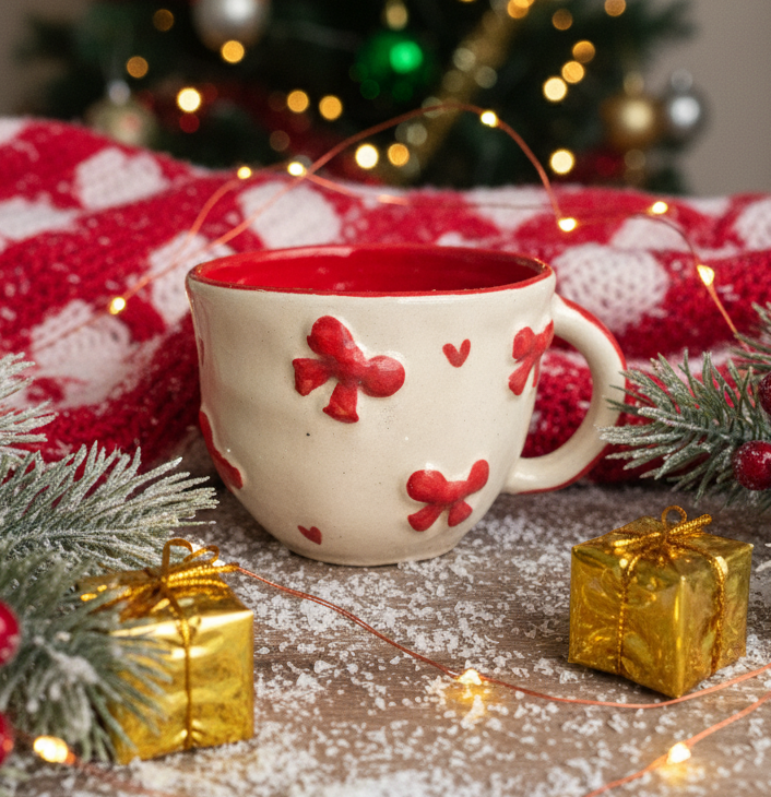Red and white floral ceramic mug with matching bowl placed christmas gift setting