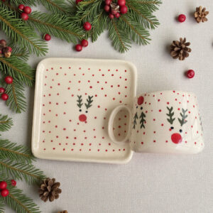 A mug and plate set with christmas theme in white, red and green colour